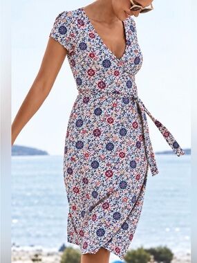 Boden Floral Wrap Dress in Blue & Red